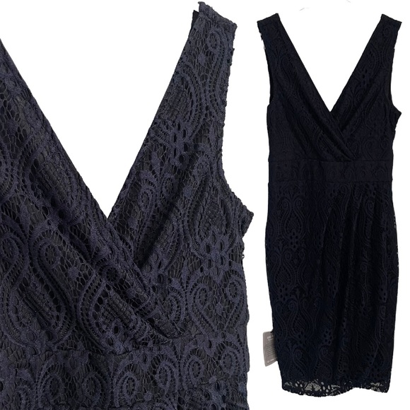le chateau Dresses & Skirts - NWT navy dress Le Chateau midi cocktail lace overlay lined deep V neckline